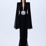 Black Jersey Dress With Patent Flower Belt Detail And Pleated Chiffon Sleeves