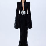 Black Jersey Dress With Patent Flower Belt Detail And Pleated Chiffon Sleeves