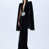 Black Jersey Dress With Patent Flower Belt Detail And Pleated Chiffon Sleeves