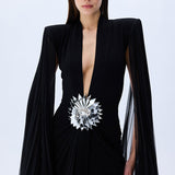 Black Jersey Dress With Patent Flower Belt Detail And Pleated Chiffon Sleeves