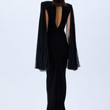 Black Jersey Dress With Patent Flower Belt Detail And Pleated Chiffon Sleeves