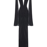 Black Jersey Dress With Patent Flower Belt Detail And Pleated Chiffon Sleeves
