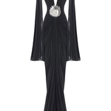Black Jersey Dress With Patent Flower Belt Detail And Pleated Chiffon Sleeves