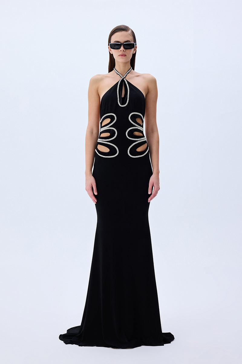 Black Jersey Dress With Cutout Detail With Crystal Borders
