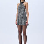 Silver Sequined Black Halter Neck Mini Dress With Crystal Rope Neckline