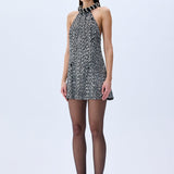 Silver Sequined Black Halter Neck Mini Dress With Crystal Rope Neckline