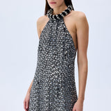 Silver Sequined Black Halter Neck Mini Dress With Crystal Rope Neckline