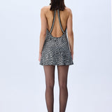 Silver Sequined Black Halter Neck Mini Dress With Crystal Rope Neckline