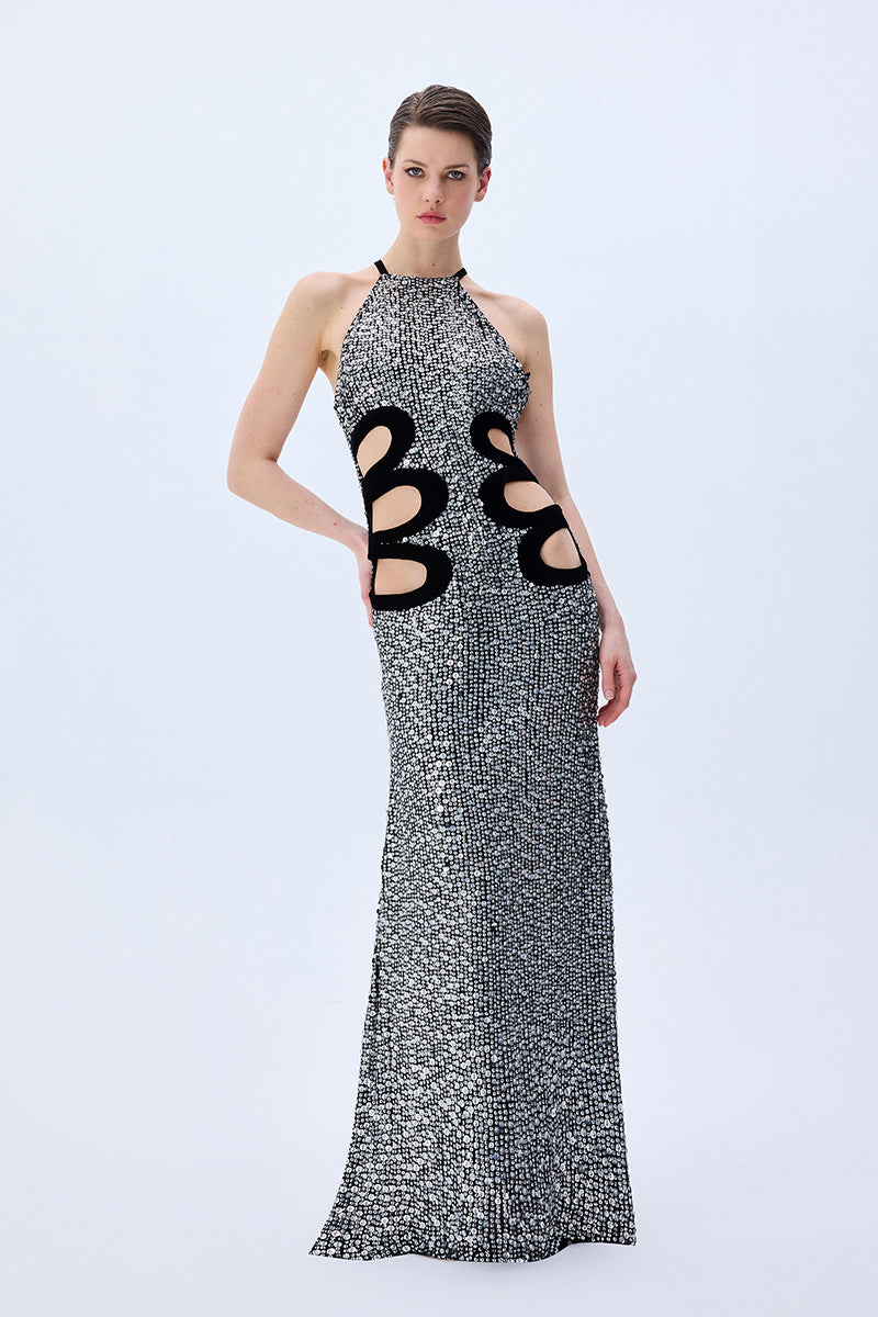 Silver Sequined Dress With Black Velvet Cutout Detail