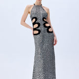 Silver Sequined Dress With Black Velvet Cutout Detail