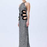 Silver Sequined Dress With Black Velvet Cutout Detail