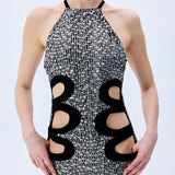 Silver Sequined Dress With Black Velvet Cutout Detail