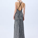 Silver Sequined Dress With Black Velvet Cutout Detail