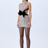 Silver Sequined Mini Cutout Dress With Velvet Bow