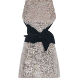 Silver Sequined Mini Cutout Dress With Velvet Bow