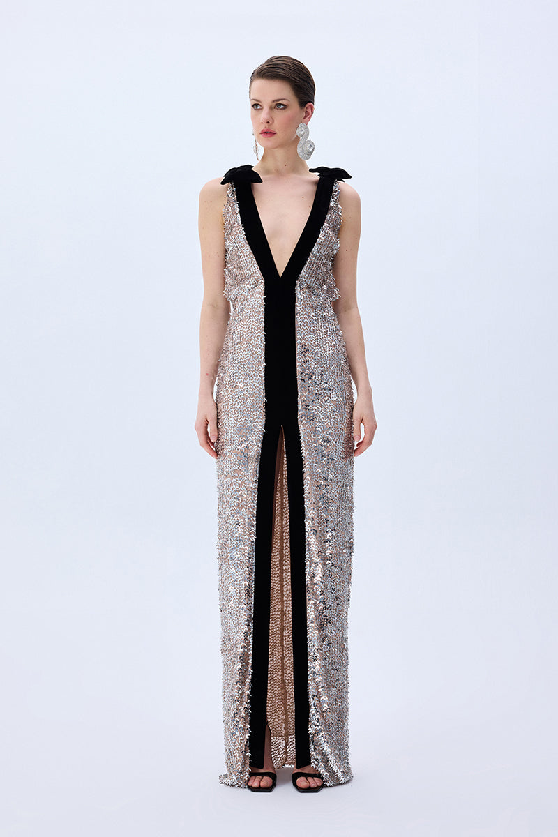 Silver Sequined Dress With Slit And Black Velvet Borderline And Bow Detail