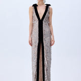 Silver Sequined Dress With Slit And Black Velvet Borderline And Bow Detail