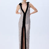 Silver Sequined Dress With Slit And Black Velvet Borderline And Bow Detail