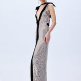 Silver Sequined Dress With Slit And Black Velvet Borderline And Bow Detail