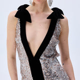 Silver Sequined Dress With Slit And Black Velvet Borderline And Bow Detail