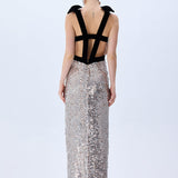 Silver Sequined Dress With Slit And Black Velvet Borderline And Bow Detail
