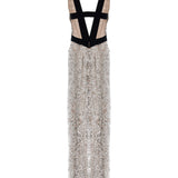 Silver Sequined Dress With Slit And Black Velvet Borderline And Bow Detail