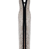 Silver Sequined Dress With Slit And Black Velvet Borderline And Bow Detail
