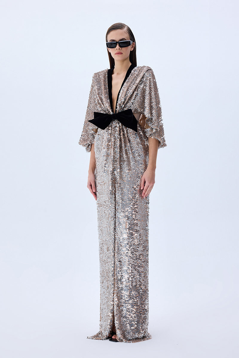 Silver Sequined Maxi Dress With Black Velvet Bow
