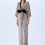 Silver Sequined Maxi Dress With Black Velvet Bow