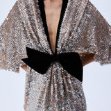 Silver Sequined Maxi Dress With Black Velvet Bow