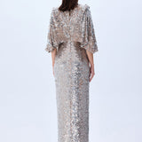 Silver Sequined Maxi Dress With Black Velvet Bow