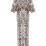 Silver Sequined Maxi Dress With Black Velvet Bow