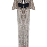 Silver Sequined Maxi Dress With Black Velvet Bow