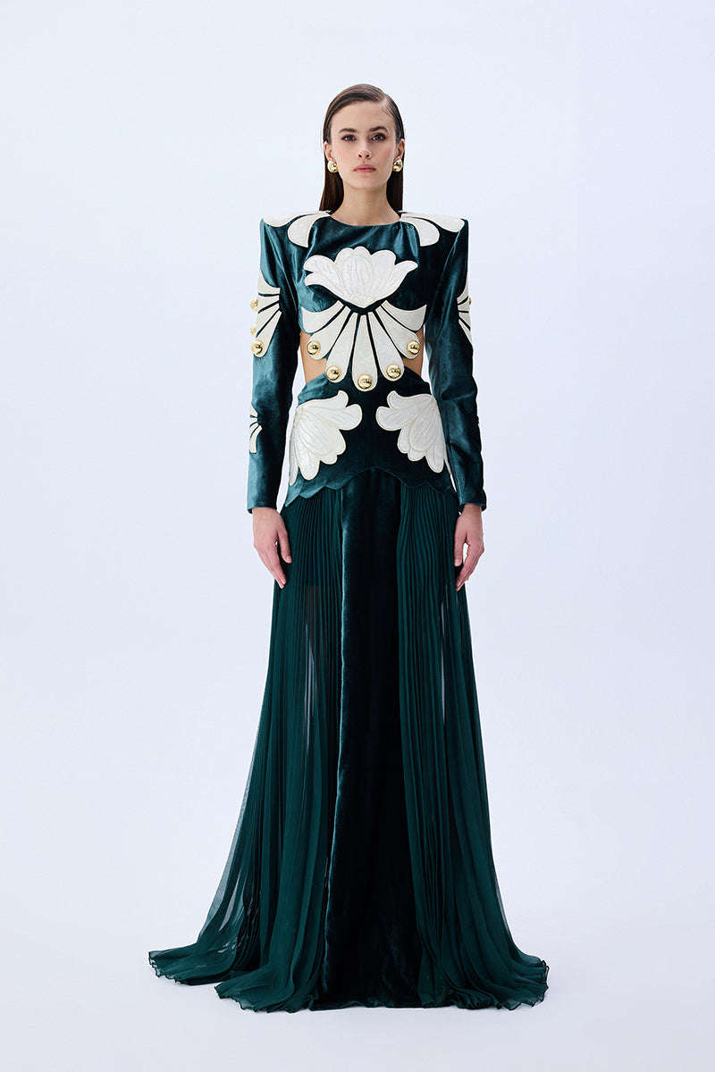 Green Velvet Maxi Dress With White Velvet Embroidery And Gold Buttons