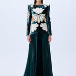 Green Velvet Maxi Dress With White Velvet Embroidery And Gold Buttons