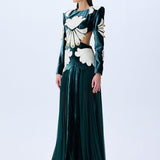 Green Velvet Maxi Dress With White Velvet Embroidery And Gold Buttons