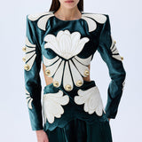 Green Velvet Maxi Dress With White Velvet Embroidery And Gold Buttons