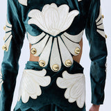 Green Velvet Maxi Dress With White Velvet Embroidery And Gold Buttons