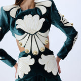 Green Velvet Maxi Dress With White Velvet Embroidery And Gold Buttons