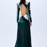 Green Velvet Maxi Dress With White Velvet Embroidery And Gold Buttons