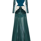 Green Velvet Maxi Dress With White Velvet Embroidery And Gold Buttons