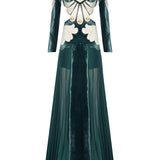 Green Velvet Maxi Dress With White Velvet Embroidery And Gold Buttons