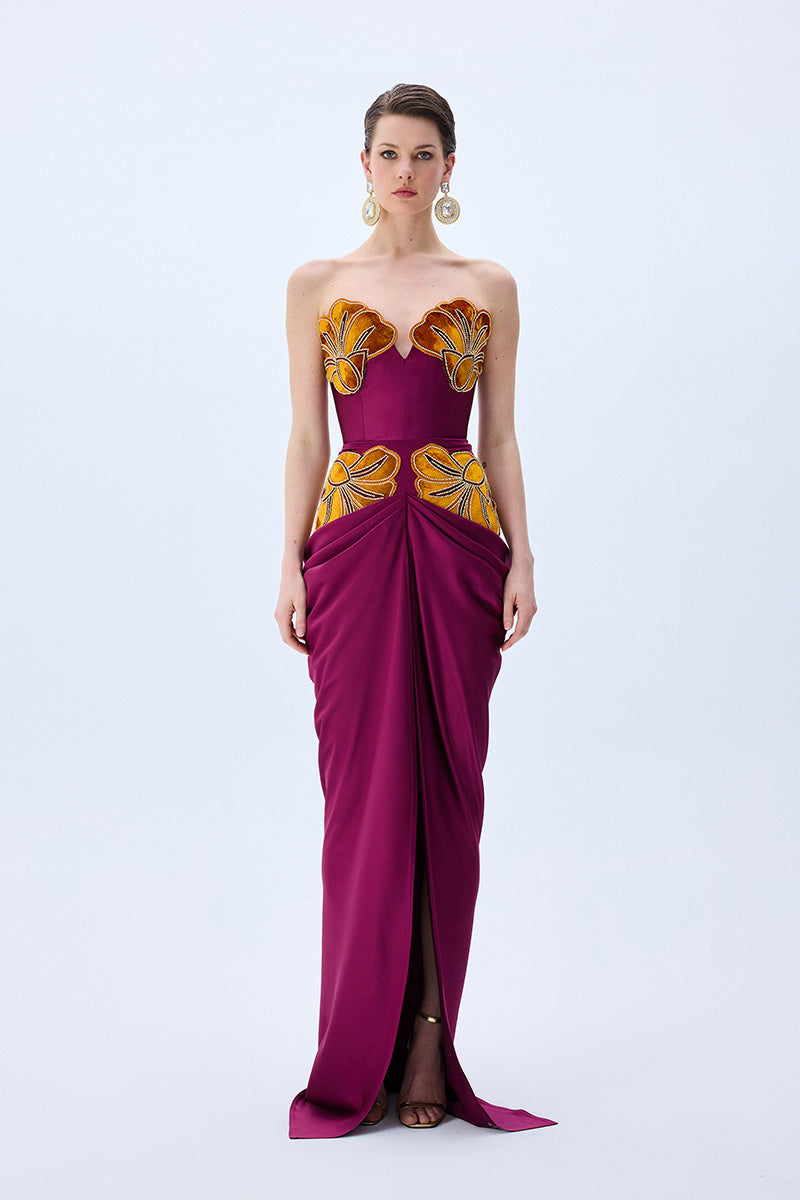 Burgundy Strapless Satin Gown With Orange Velvet Flower Embroidery