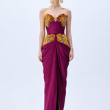 Burgundy Strapless Satin Gown With Orange Velvet Flower Embroidery