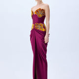 Burgundy Strapless Satin Gown With Orange Velvet Flower Embroidery