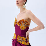Burgundy Strapless Satin Gown With Orange Velvet Flower Embroidery