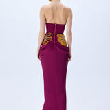 Burgundy Strapless Satin Gown With Orange Velvet Flower Embroidery