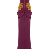 Burgundy Strapless Satin Gown With Orange Velvet Flower Embroidery