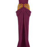 Burgundy Strapless Satin Gown With Orange Velvet Flower Embroidery