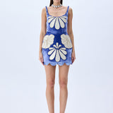 Indigo Velvet Mini Dress With White Velvet Crystal Embellished Embroidery